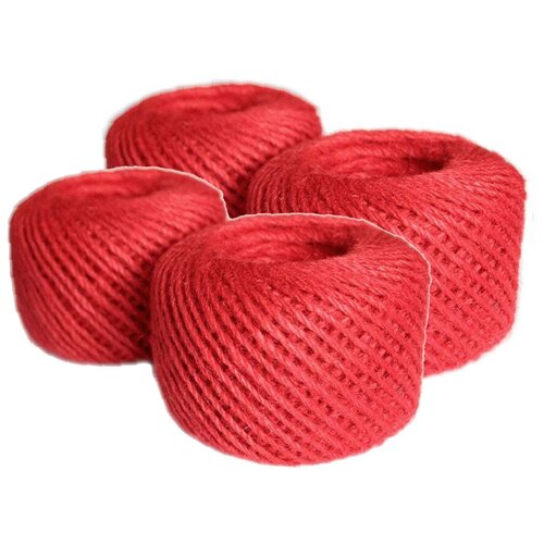 Веревка джутовая, джутовый шпагат для рукоделия (вязания, макраме) и декора цветной красный 2 мм, 4 клубка - 100 м, 100% джут, шнур