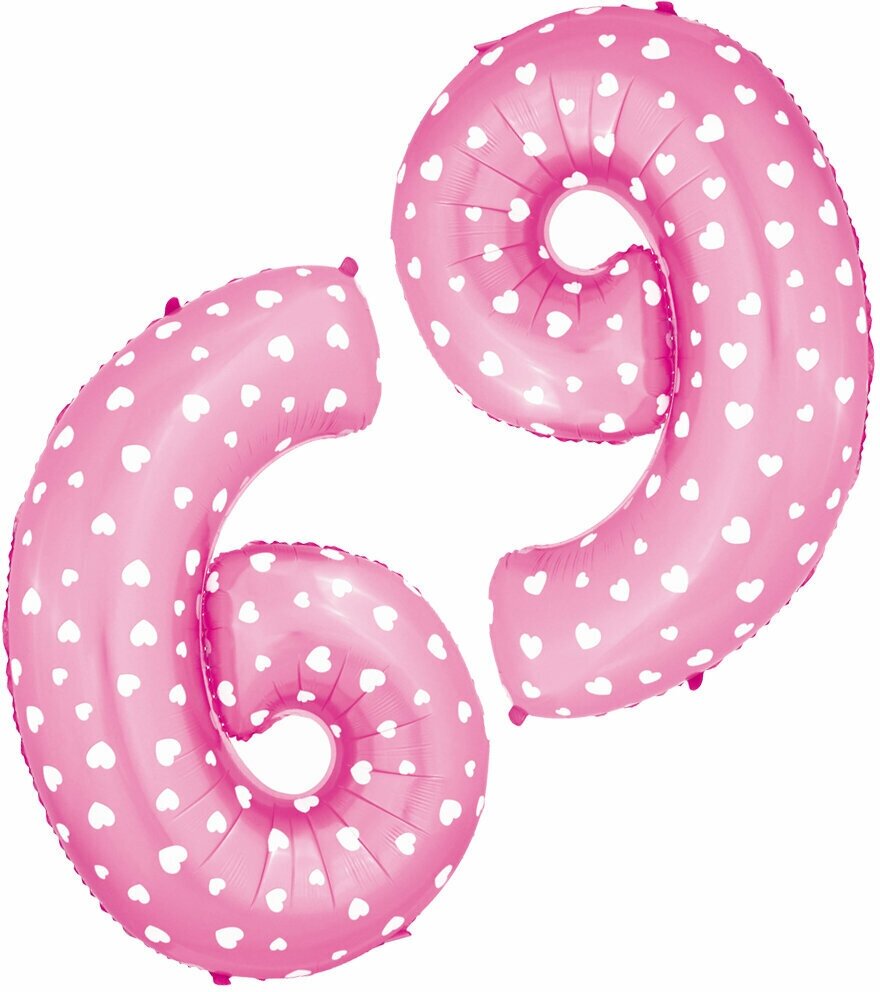 Воздушный шар фольгированный Riota Цифра 6/9, розовая + белые сердца, 102 см