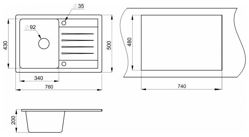 Мойка Granula Standart 7602 чаша+крыло 760*500 мм (базальт) - фотография № 5