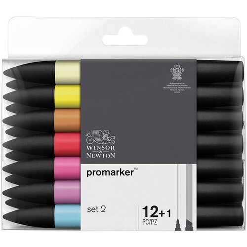 Набор художественных маркеров двухсторонних Winsor&Newton "Pro", пулевидный/скошенный, 2мм/7мм, 12цв.+1 блендер(2)