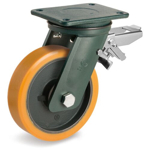 фото Колесо большегрузное tellure rota 648516 поворотное с задним тормозом, диаметр 200мм, грузоподъемность 1600кг, полиуретан tr, чугун, сверхпрочный кронштейн eehd