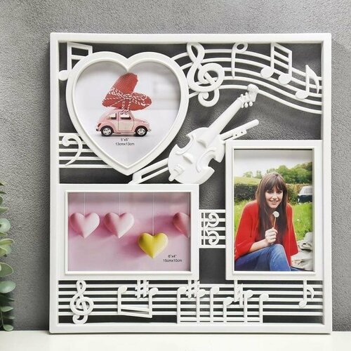 Фоторамка пластик на 3 фото 10х15 13х12 см Скрипка и ноты белый 34х32 см 1620₽