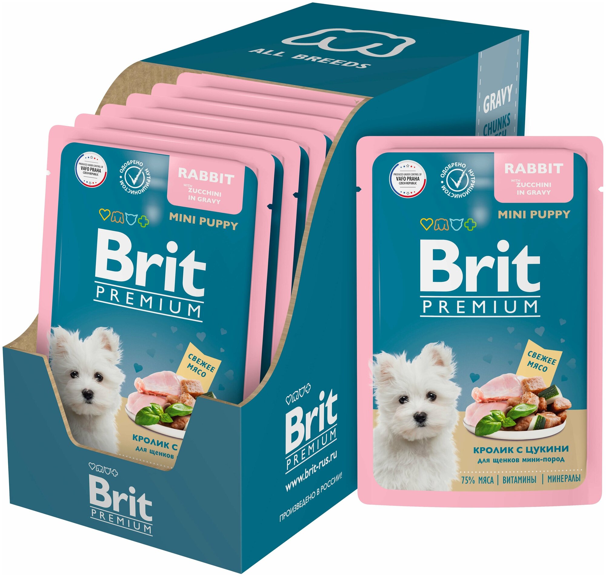 Brit Premium паучи для щенков миниатюрных пород с кроликом с цукини в соусе - 85 г х 14 шт