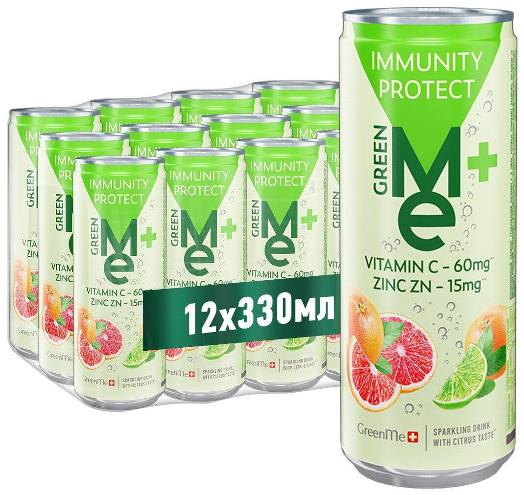 Газированный напиток GreenMe Plus Protect с витамином С и цинком, цитрусовый вкус 12 шт. х 0,33 л.