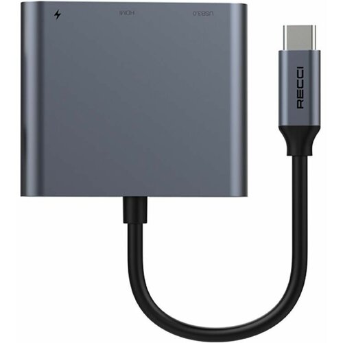 Хаб Recci RH05 3 в 1 Type-C to USB3.0 + HDMI + Type-C PD 100 Вт, серый