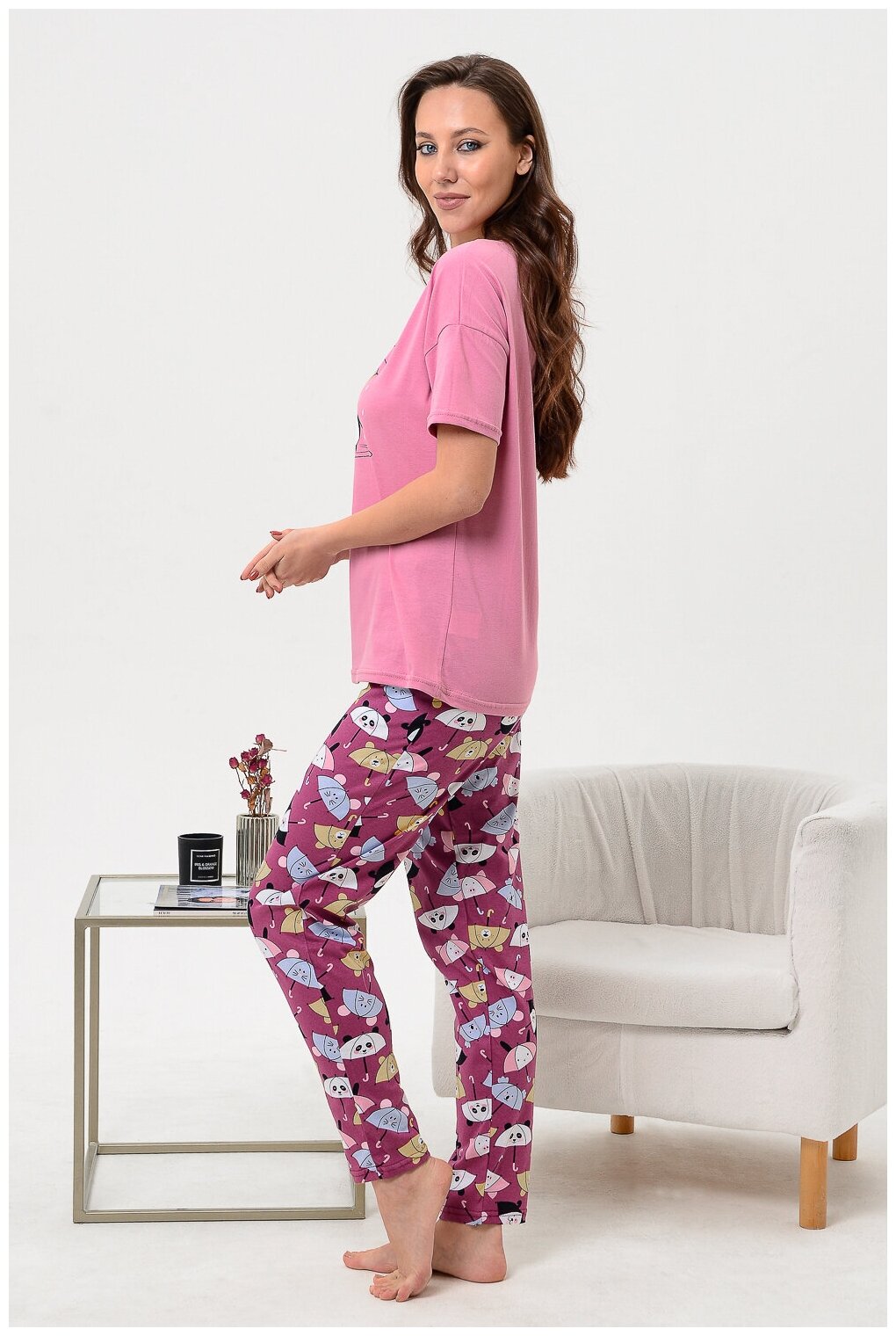 Женский домашний костюм/ пижама (футболка+ брюки) в цвете брусника, размер 44 - фотография № 11