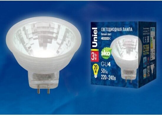 Светодиодная лампа Uniel LED-MR11-3W/NW/GU4/220V GLZ21TR 220V. Прозрачная. Белый свет (4000K). Картон. ТМ .