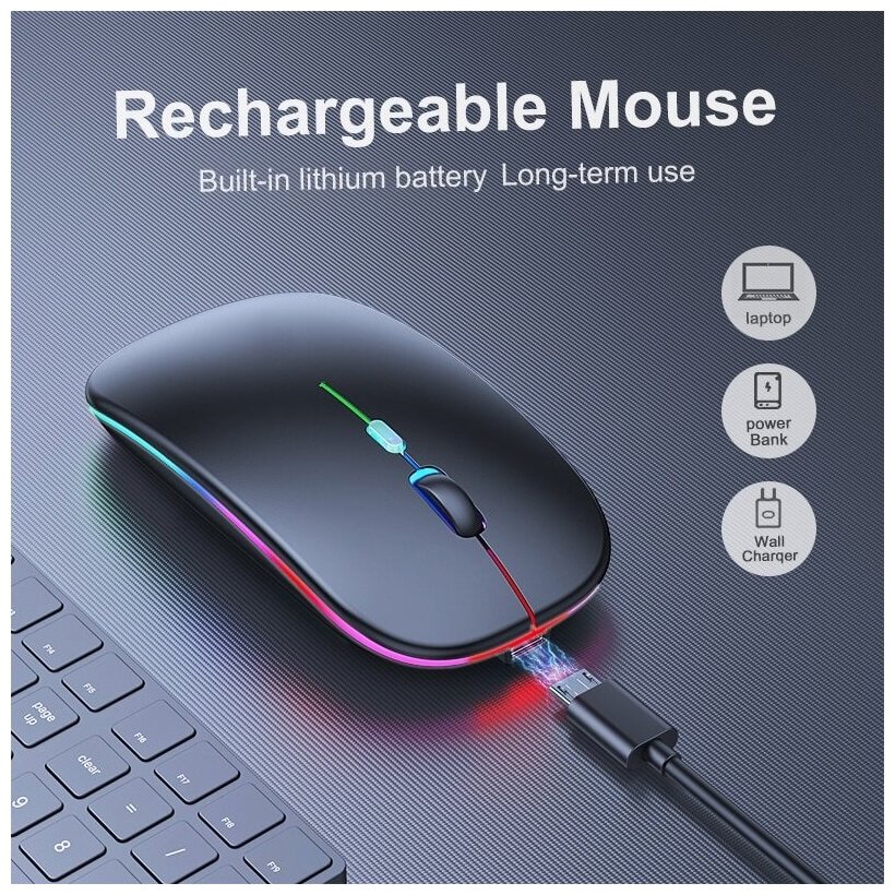 Беспроводная мышка для компьютера со встроенным аккумулятором/ Бесшумная блютуз компьютерная мышь с подсветкой RGB/ Bluetooth/ WiFi 2.4 гц