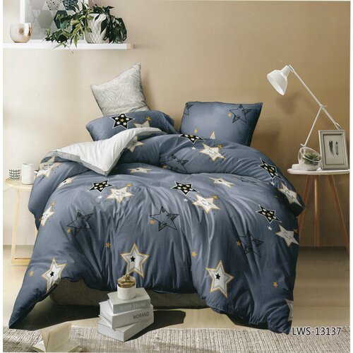 Комплект постельного белья, Cheery home, Полисатин, 1,5 спальный с 2 наволочками 70*70, Голубые звезды.