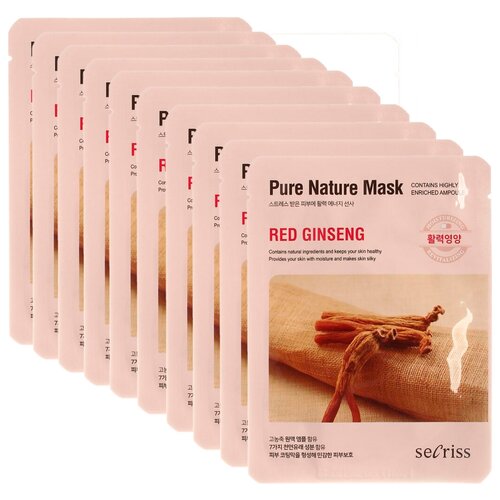 Secriss маска тканевая Pure Nature Mask Pack Red Ginseng с экстрактом красного женьшеня, 10 шт. по 25 мл, 10 уп. премиум капсулы с красным женьшенем поддерживают мужские уровни энергии выносливость производительность против усталости здоровье и уп