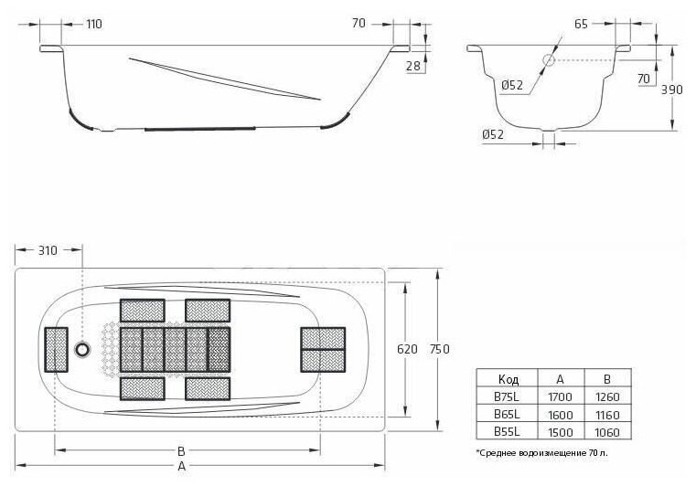 Стальная ванна BLB Universal Anatomica HG B75L 170x75 без гидромассажа с шумоизоляцией - фотография № 8