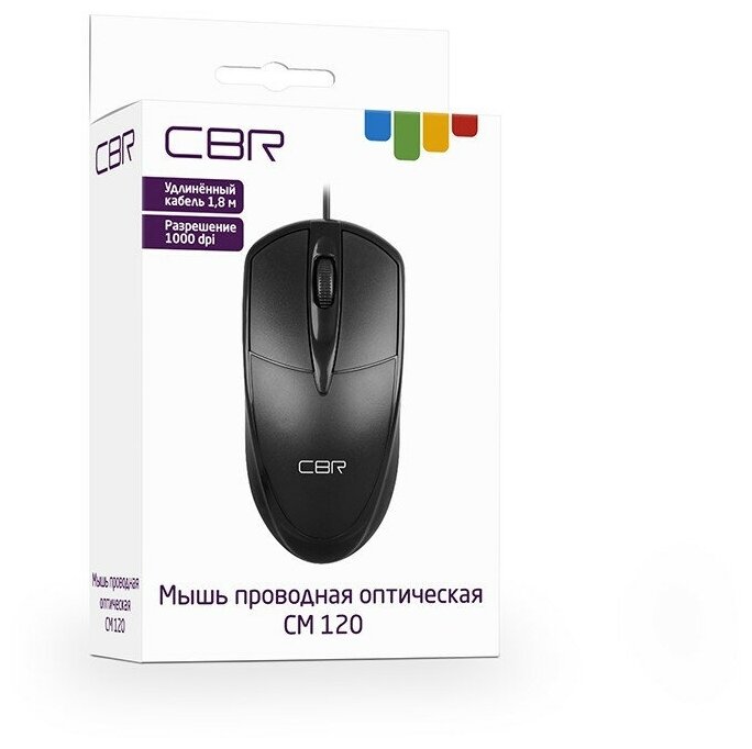 CBR CM 120 Black, Мышь проводная, оптическая, USB, 1000 dpi, 3 кнопки и колесо прокрутки, длина кабеля 1,8 м, цвет чёрный