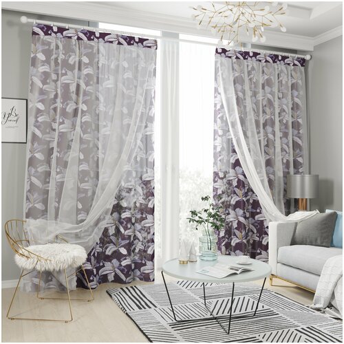 фото Комплект штор с тюлем на шторной ленте 18085, 145*260 см, 2 шт, подхват 2 шт. сирень