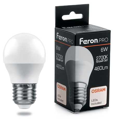 Лампа светодиодная LED 6вт Е27 теплый матовый шар Feron.PRO 38068 FERON