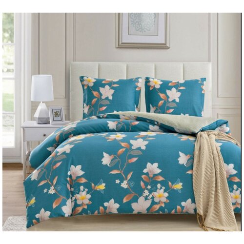 1.5 спальное постельное белье сатин двустороннее голубое с цветами