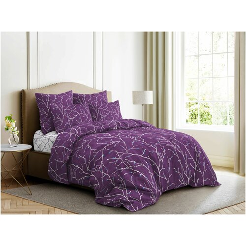 фото Постельное белье 2-спальное с европростыней ночь нежна верба, поплин, 2 наволочки 50 х 70 см, фиолетовый/белый