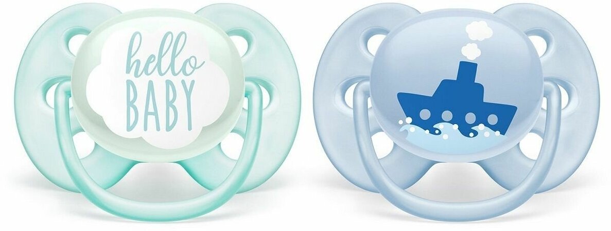 Avent Пустышка силиконовая Ultra Soft (Привет/Корабль) для мальчика 0-6мес 2шт