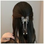 Заколка краб для волос WSB871 металлическая бабочка жемчуг с подвесками - изображение