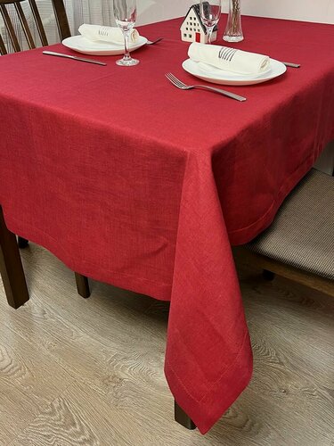 Изображение товара Скатерть красная с ажуром 140х200, лен 100%