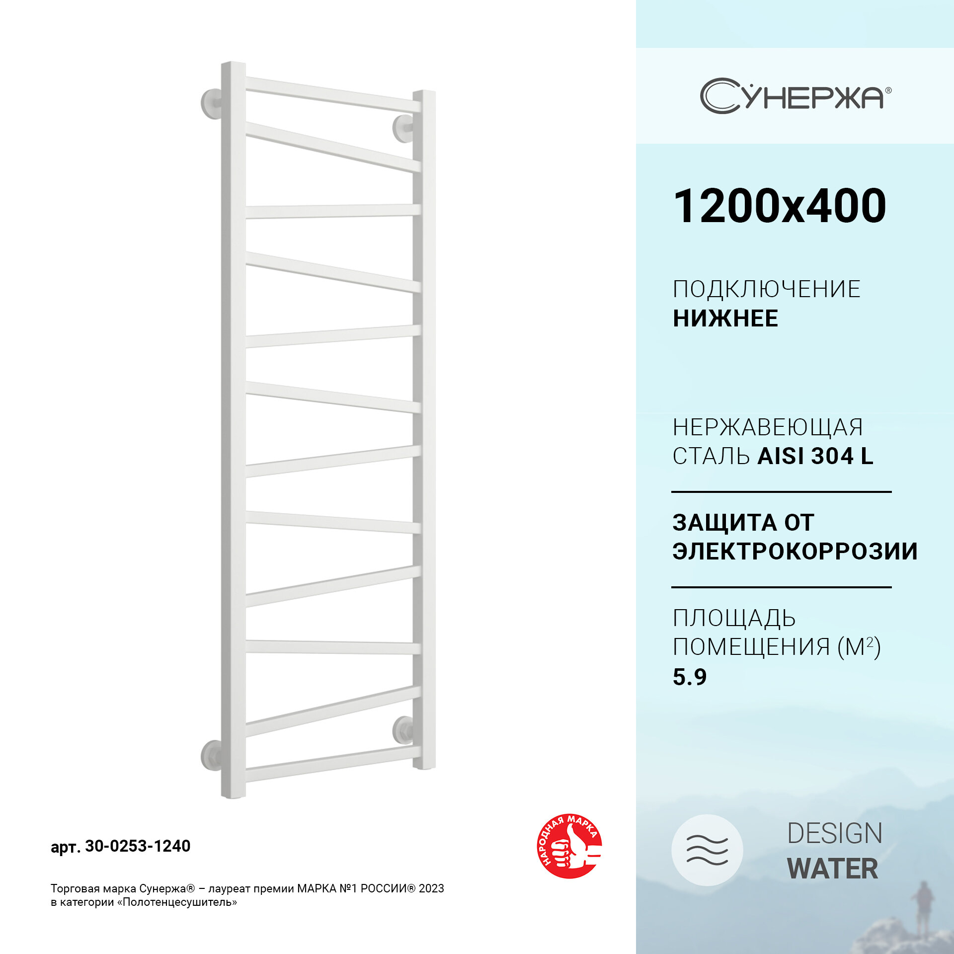 Полотенцесушитель водяной Сунержа Сирокко 120x40, белый матовый - фото №1