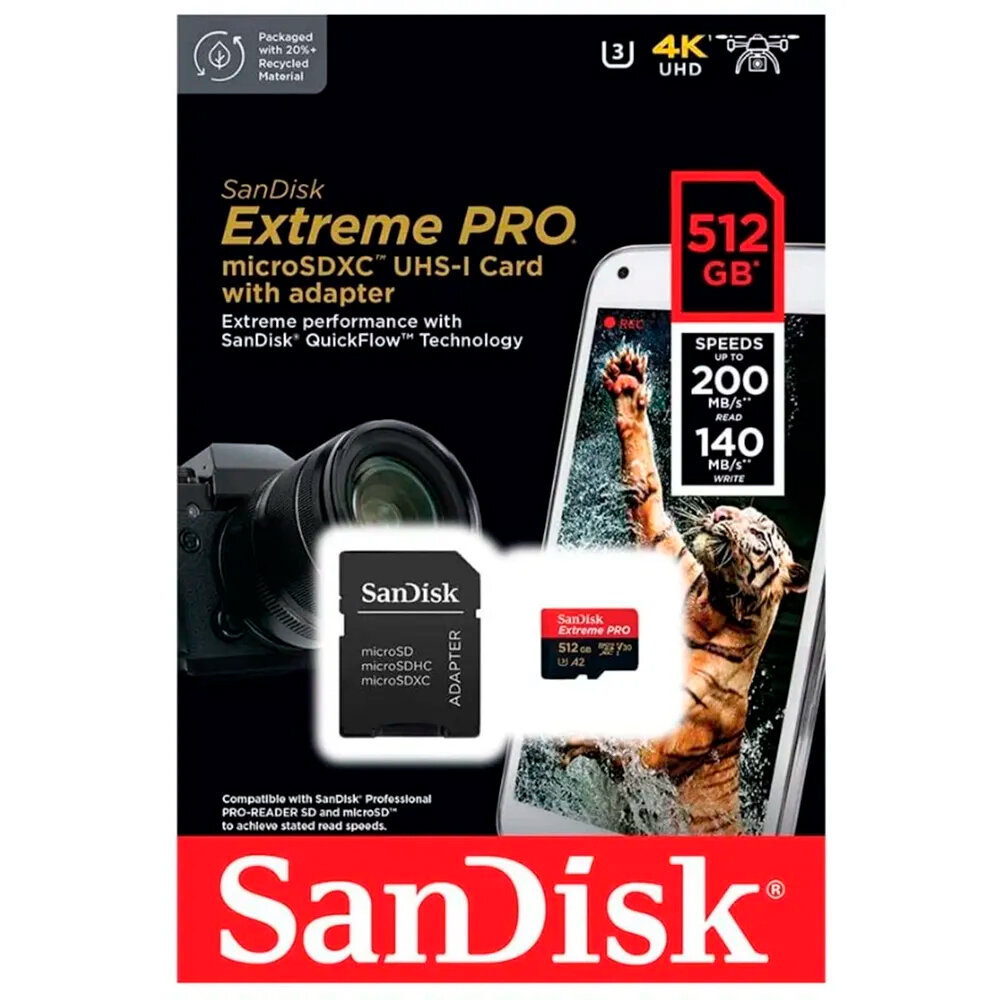 Карта памяти SanDisk microSDXC 512 ГБ Class 10, V30, A2, UHS-I U3, адаптер на SD, 1 шт, красный/черный