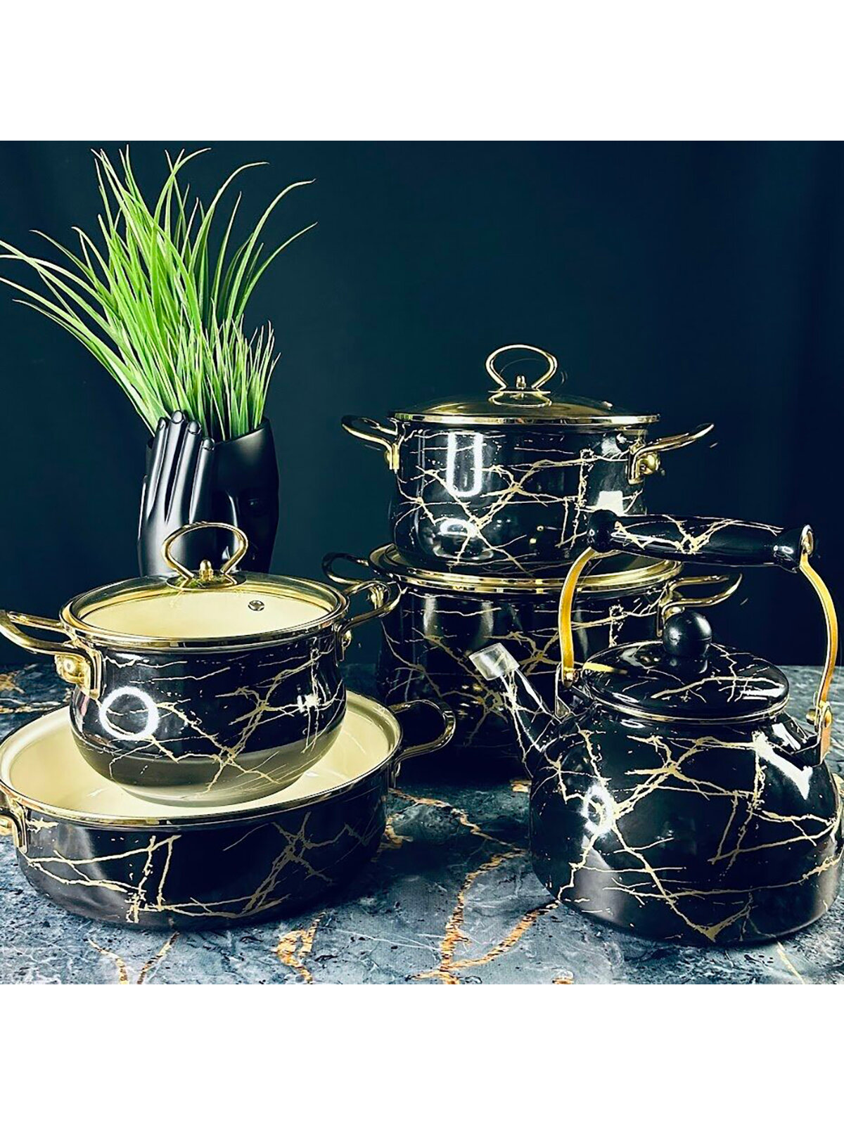 Набор эмалированной посуды для приготовления 9 предметов Lenardi Черный мрамор
