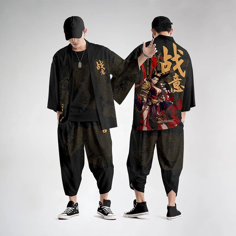Мужское винтажное кимоно Haori с брюками, XXL, Черный, Мужской — фото 1