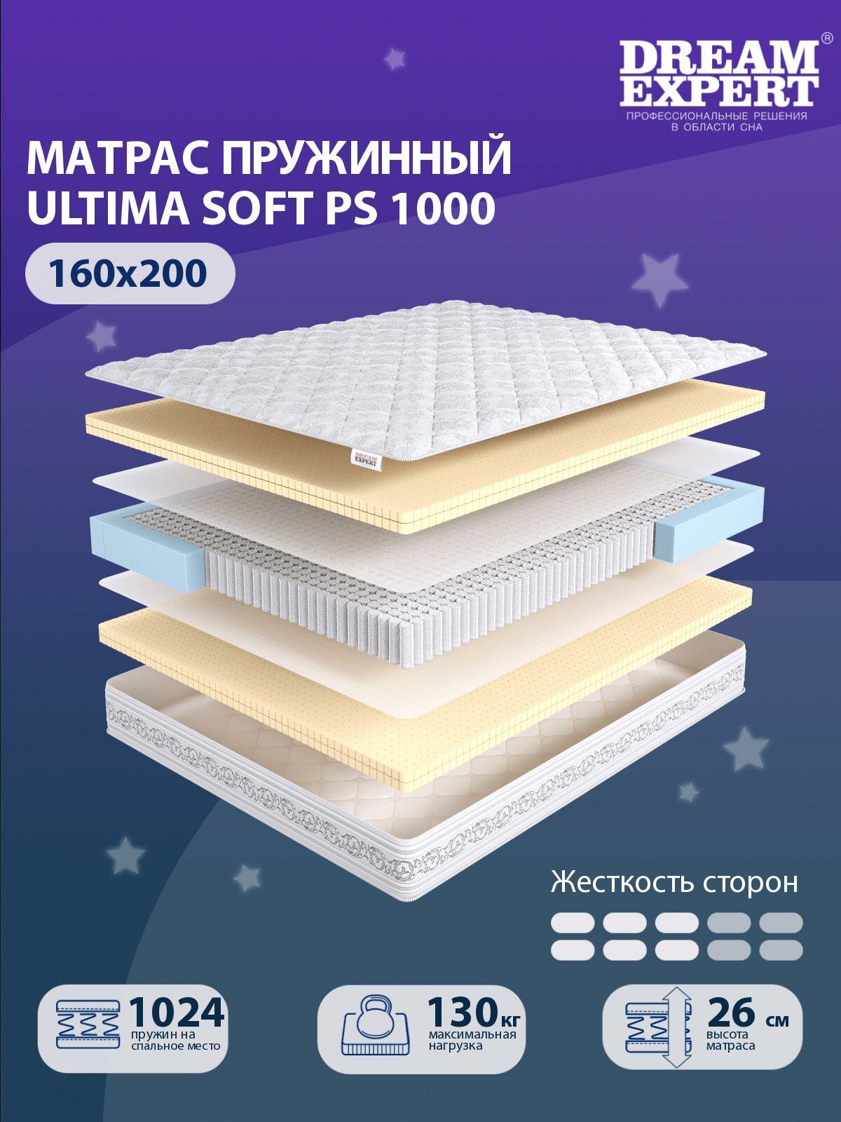 Матрас DreamExpert Ultima Soft PS1000 средней жесткости, двуспальный, независимый пружинный блок, на кровать 160x200