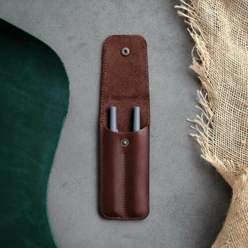Пенал кожаный для двух ручек или карандашей на кнопке Коричневый Два отделения Натуральная кожа 1439₽