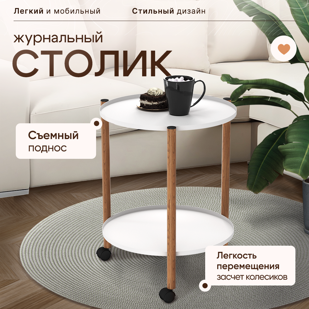 Столик журнальный/кофейный/сервировочный, металлический, двухъярусный, столешницы-поднос, белый, на колесах, SHT-CT62