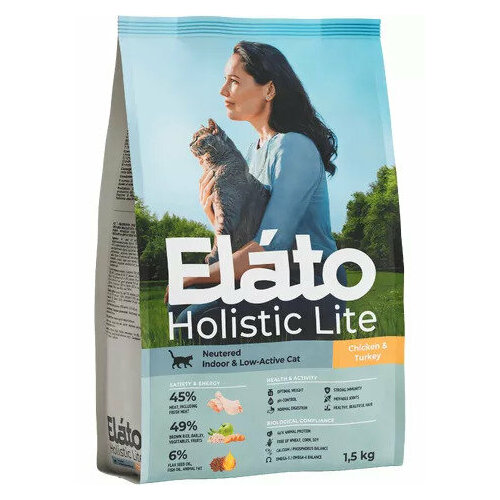 Elato Holistic корм для кастрированных котов, стерилизованных и малоактивных кошек с курицей и индейкой 1,5кг 1.5 кг