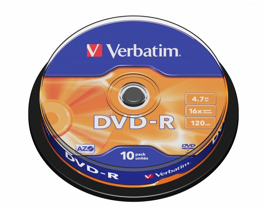 Оптические диски Verbatim DVD-R 4.7 ГБ 16X AZO серебристый матовый 10 шт. на шпинделе