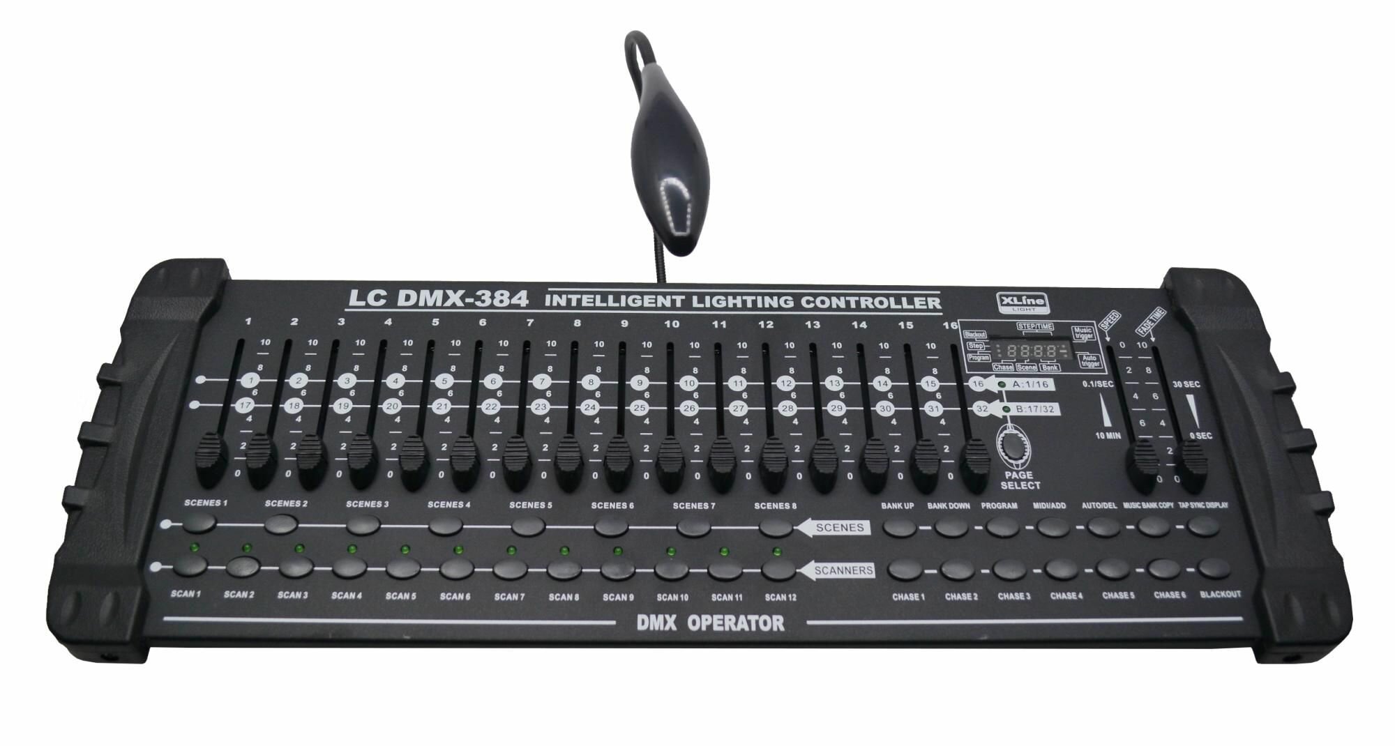 Контроллер DMX XLine Light LC DMX-384, 384 канала, LED лампа подсветки в комплекте, режимы: DMX-512, MIDI-интерфейс (миди контроль над банками, чейзами и блэкаутом), звуковая активация