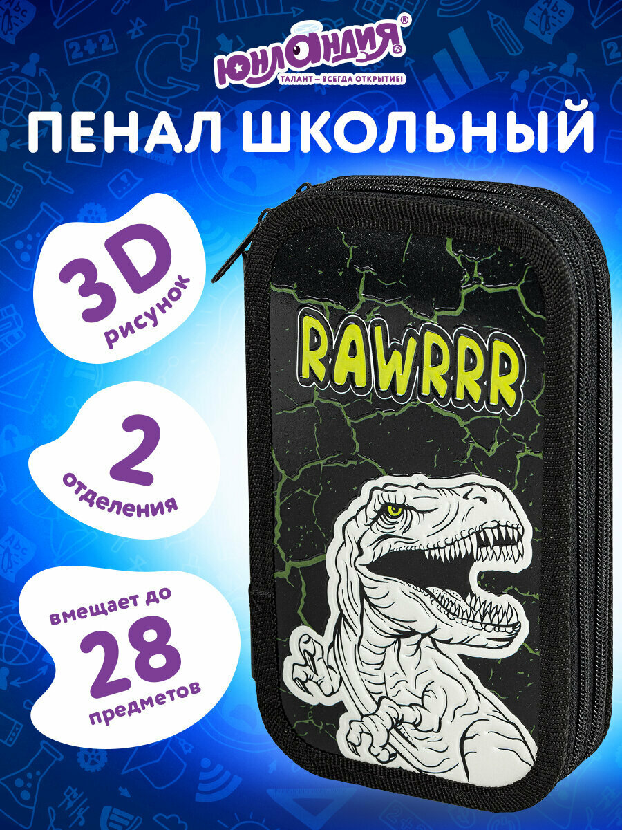 Пенал школьный для девочки / мальчика / подростка для ручек карандашей Юнландия 2 отделения ламинированный картон конгрев 19х11 см Rawr 271538