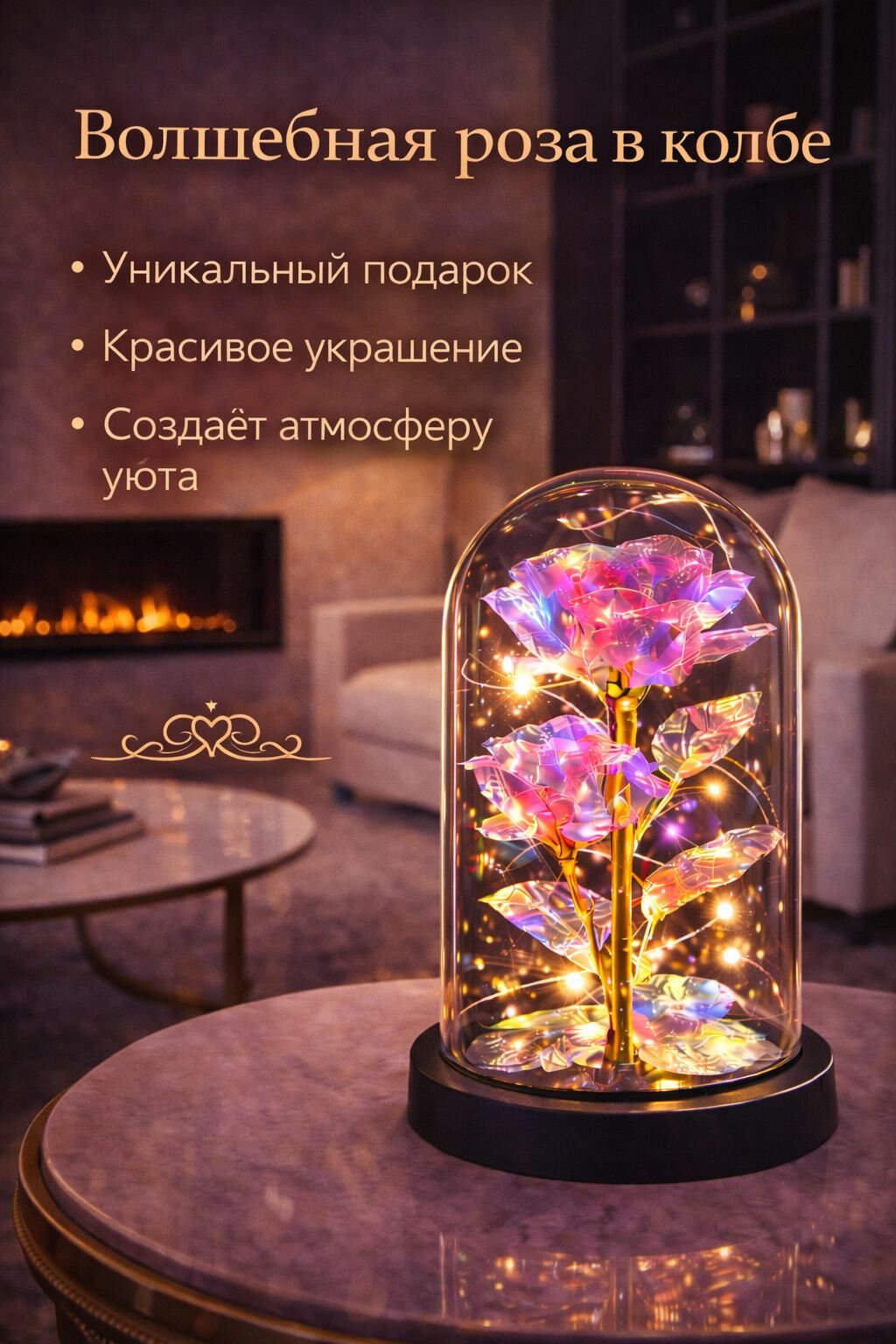 Роза в колбе светящаяся с LED-подсветкой, декоративный светильник, в подарочной упаковке