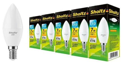Комплект из 5 светодиодных энергосберегающих ламп Sholtz свеча С37 7Вт E14 2700К 220В пластик (Шольц) LEC3025P