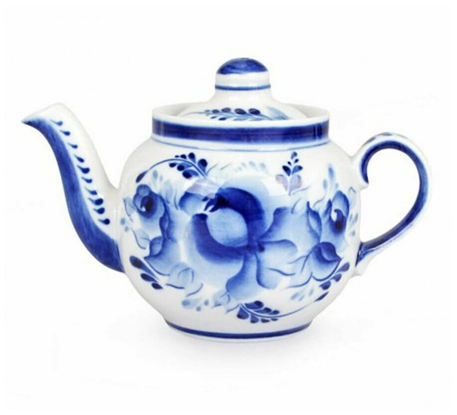 фото Чайник. Гжельская Мануфактура. Форма "Янтарь". Рисунок "Роза". 700 мл.