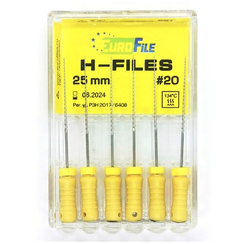 H-Files - ручные стальные файлы, 25 мм, N 20, 6 шт/упак