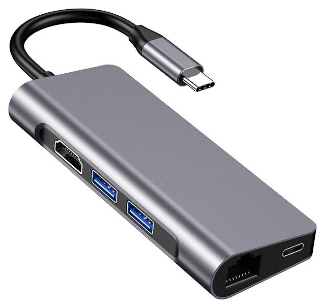 USB-Хаб (концентратор) GSMIN B48 7 в 1 (Type-C, 2xUSB 3.0, RJ45, HDMI, SD, TF, PD) (Серый)