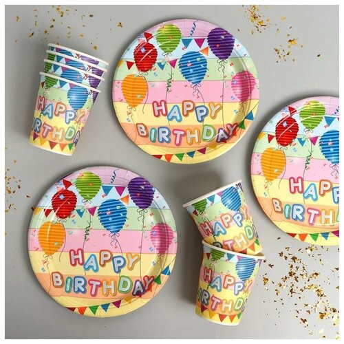 фото Набор бумажной посуды "с днём рождения" стаканы 6 шт, тарелки 6 шт 7105186 страна карнавалия