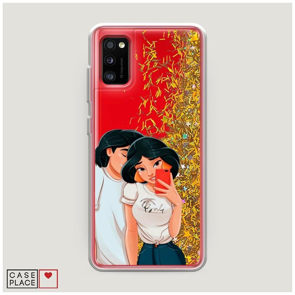 Жидкий чехол с блестками "Аладдин и Жасмин селфи" на Samsung Galaxy A41 / Самсунг Галакси А41