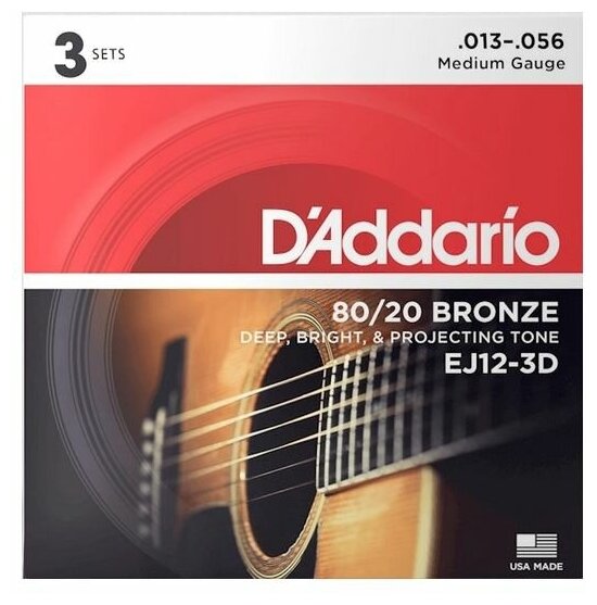 Струны для акустической гитары, бронза, 13-56, 3 комплекта, Bronze 80/20 D'Addario EJ12-3D