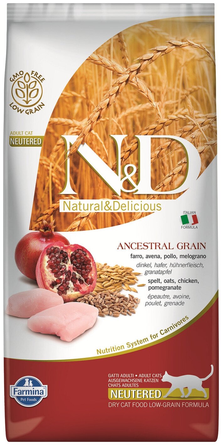 Сухой корм Farmina N&D Ancestral Grain Chicken & Pomegranate Adult Neutered, для взрослых стерилизованных/кастрированных кошек/котов, низкозерновой, курица и гранат, 5 кг