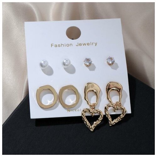 фото Серьги набор 4 пары "летние истории" кружок и сердце, цвет белый в золоте yandex market