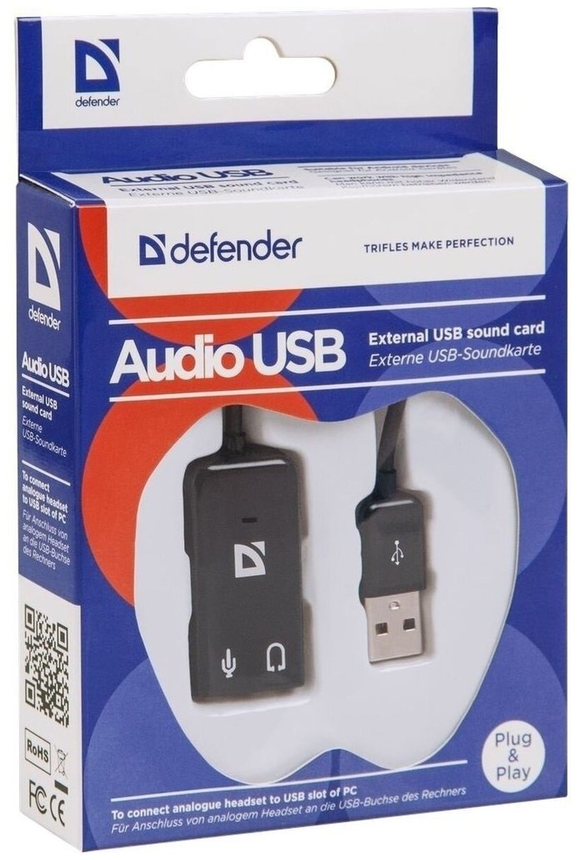Внешняя USB звуковая карта с USB на 2xJack 35 Defender 01м черная