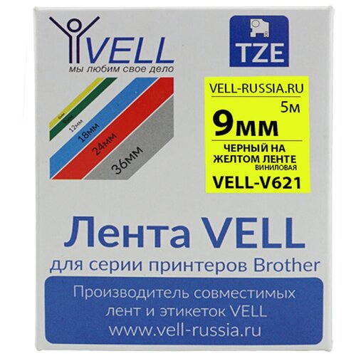 Лента виниловая Vell V-621 для принтера Brother (9 мм, черный на желтом) для PT 1010/1280/D200/H105/E100/ D600/E300/2700/ P700/E550/9700 Vell-V621