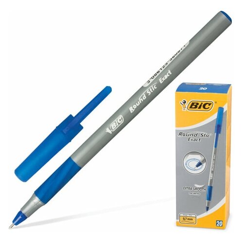 Ручка шариковая с грипом BIC Round Stic Exact, комплект 60 шт синяя, корпус серый, узел 0.8 мм, линия письма 0.3 мм, 918543