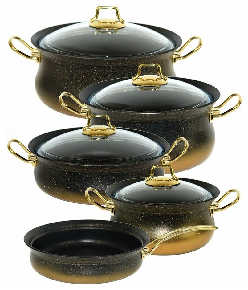 Набор посуды для приготовления O.M.S. COLLECTION кастрюли с крышками и сковородка с антипригарным покрытием, 9 предметов, для всех типов плит, включая индукционную, цвет черный, золото