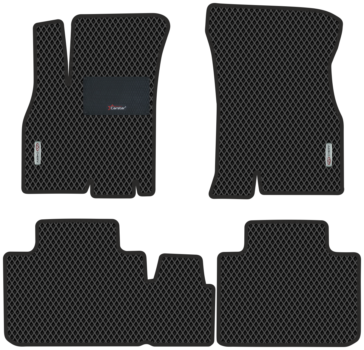 Автомобильные коврики EVA для Chery Tiggo8 Pro (2021-н/в) с каучуковым подпятником и 2 эмблемами Chery чёрные с чёрным кантом ячейка - ромб