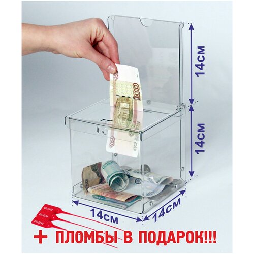 Ящик для пожертвований и 3 пломбы, ящик для голосования, Размер 28х14х14 см, Материал ПЭТ толщина 1,5 мм